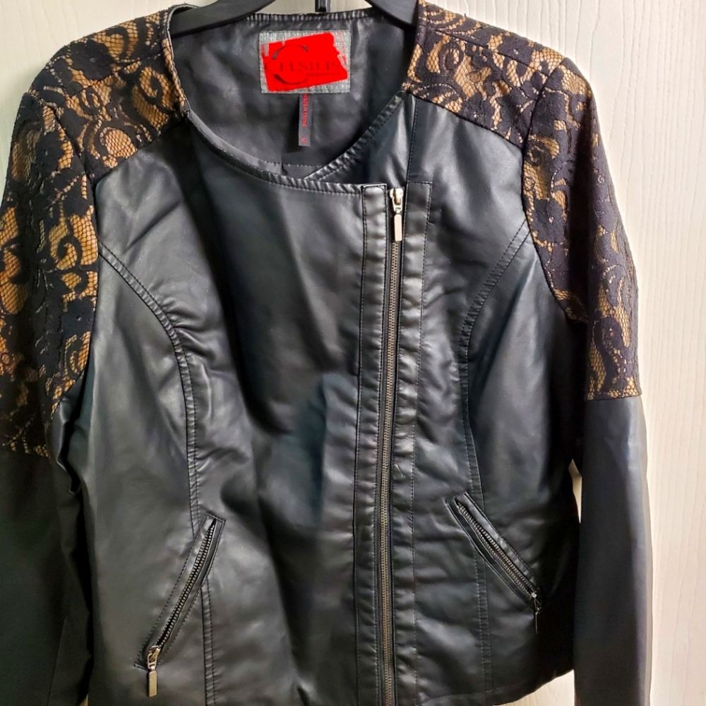 Celsius Premium Black Faux Leather & Lace Jacket